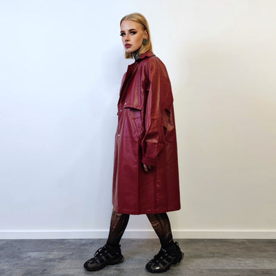 Mid length faux leather coat PU utility trench jacket gorpcore raver varsity going out rubbery high fashion puffer in burgundy red