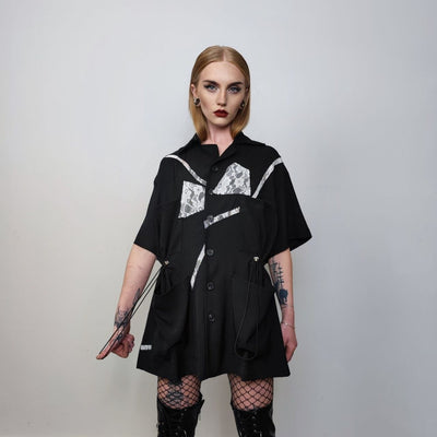 Cargo pocket shirt short sleeve geometric crotchet top mesh blouse oversize beam gothic top bondage sweatshirt utility jumper in black