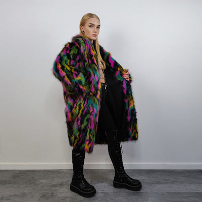 Faux fur long striped neon coat zebra trench raver bomber fluffy tie-dye winter fleece festival jacket burning man going out coat black pink