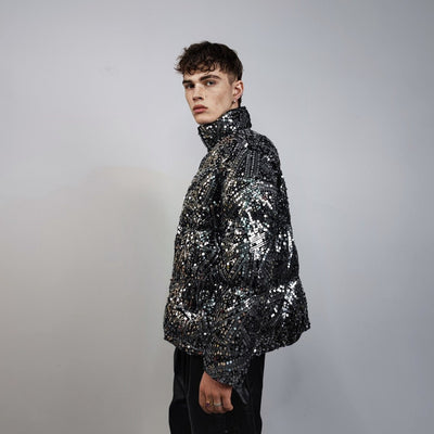 Silver sequin bomber glitter jacket sparkle puffer party varsity festival varsity fancy dress embellished coat going out top metallic grey