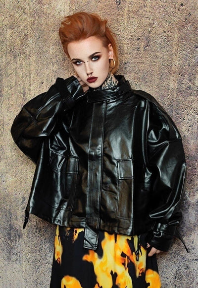 Oversize faux leather utility jacket wide biker bomber black