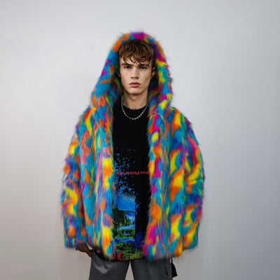 Hooded faux fur psychedelic jacket 70s bomber neon raver coat fluffy tie-dye fleece festival trench burning man going out overcoat blue pink