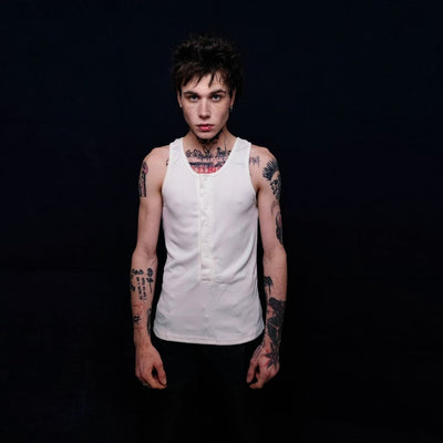 Button up sleeveless vest t-shirt Gothic tank top grunge crew neck tee rocker surfer vest in white