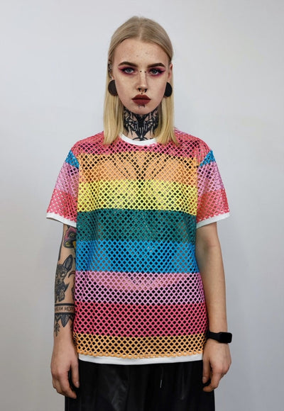 Rainbow mesh top Gay pride sheer t-shirt see-through tee