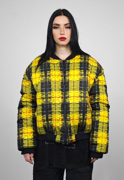 Tartan check varsity jacket yellow flame reversible bomber