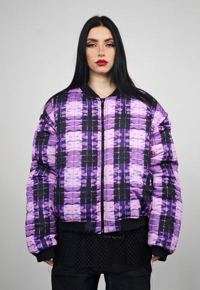 Tartan check varsity jacket purple flame reversible bomber