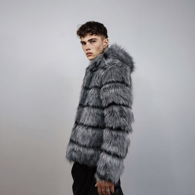 Striped fox fur jacket hooded grey shaggy mink coat fuzzy going out bomber mountain party fleece fancy dress fluffy peacoat rocker overcoat