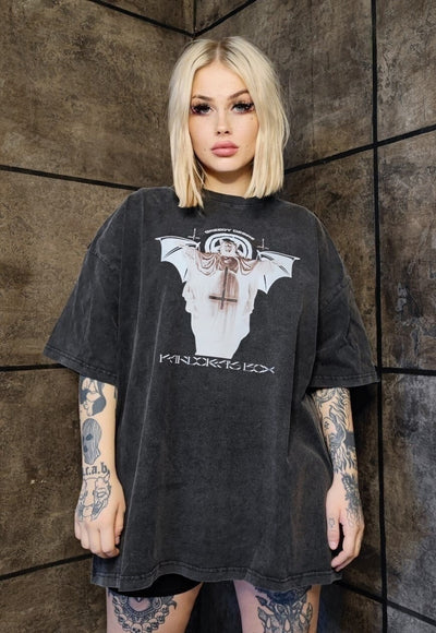 Gothic t-shirt premium vintage wash Jesus bat print tee grey