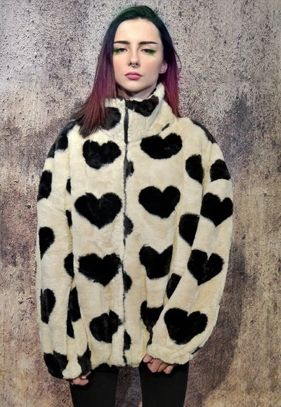 Faux fur heart coat retro fluffy fleece grunge bomber cream