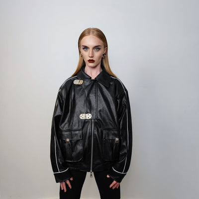 Faux leather racing jacket contrast stitching biker jacket premium rocker varsity 80s motorcycle college bomber metal buckle coat in black