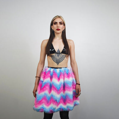 Rainbow faux fur skirt crop striped shorts festival zigzag skater skirt furry set carnival costume party pants psycho wide rave gown pink