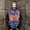 Tie-dye bomber handmade detachable graffiti puffer devil horn jacket abstract gradient print reversible coat in blue orange