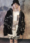 Anime fleece jacket faux fur graffiti bomber jacket black