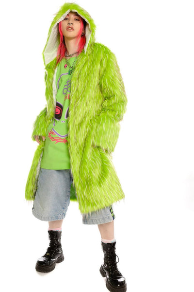 Festival shaggy faux fur longline jacket fluorescent raver bomber fluffy raver coat fleece party bomber neon burning man coat bright green