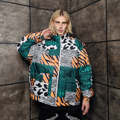 Cow bomber handmade detachable zebra puffer devil horn jacket animal print coat reversible jacket in green white stripe