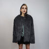 Grey faux fur jacket luxury collarless coat faux leather lapel bomber grunge fleece imitation overcoat short fluffy catwalk fox fur peacoat