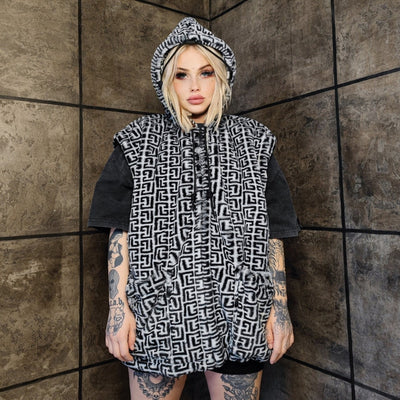 Geometric fleece jacket handmade detachable fluffy bomber faux fur Arabic pattern premium check coat in monochrome black and white