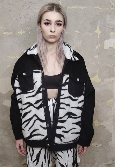 Animal print corduroy jacket zebra fleece patch bomber black