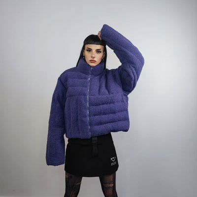 Cropped fleece jacket Asymmetric fluffy bomber box fit geometric coat raised neck aviator jacket quilted pattern short track jacket purple