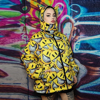 Emoji bomber jacket detachable grunge smile puffer yellow