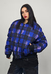 Tattoo print varsity jacket blue tartan reversible bomber