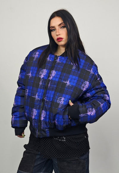 Tattoo print varsity jacket blue tartan reversible bomber