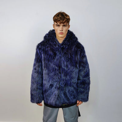 Hooded shaggy faux fur coat luxury fuzzy bomber luminous raver puffer fluffy fleece long hair going out trench burning man overcoat blue