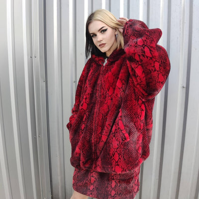 Luxury snake jacket faux fur python print bomber handmade fluffy catwalk fleece puffer premium grunge hooded coat in red black