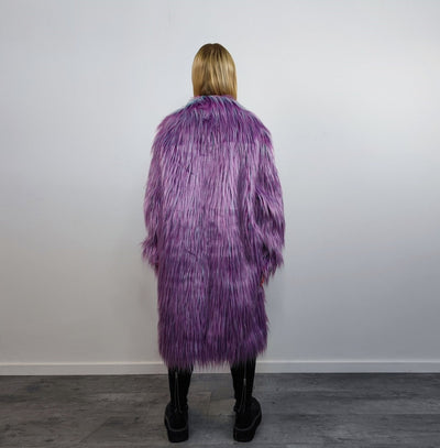 Shaggy faux fur lavender coat long neon trench bright raver bomber fluffy winter fleece luminous festival jacket burning man overcoat purple