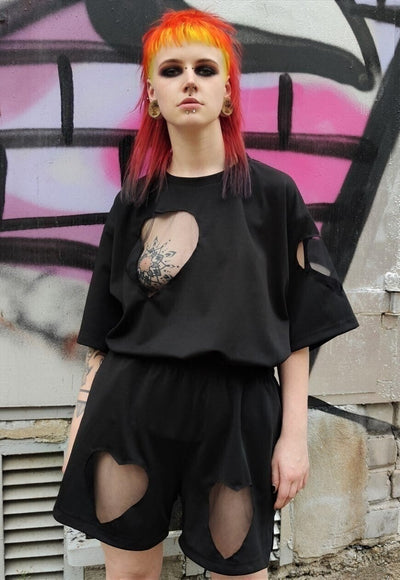 Heart cutout tee handmade transparent mesh t-shirt black