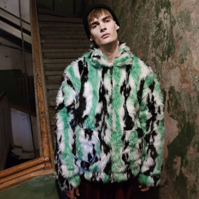 Tiger print faux fur jacket tie-dye fluffy bomber festival varsity raised neck fleece coat high fashion zebra stripe coat in green white