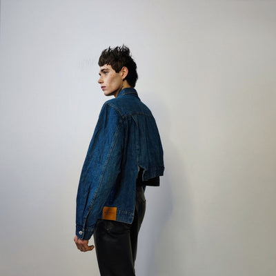 Asymmetric denim jacket reworked grunge jean bomber stitched raver coat unisex premium biker jacket skater top in blue