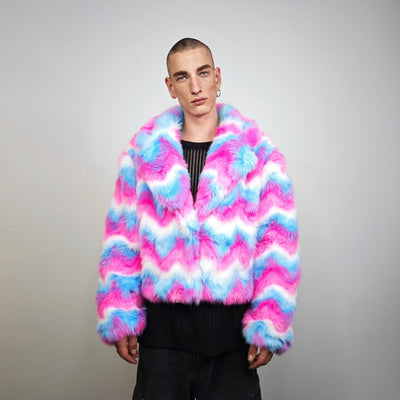 Rainbow faux fur coat crop striped trench festival zigzag jacket furry overcoat carnival bomber party peacoat psycho wide rave fleece Green