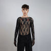 Long sleeve lace top crochet jumper sheer lace t-shirt see-through sweatshirt punk pullover transparent party t-shirt catwalk tee in black