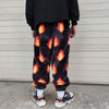 Flame fleece joggers luxury fluffy pants handmade thunder print trousers long hair premium fire festival overalls in black