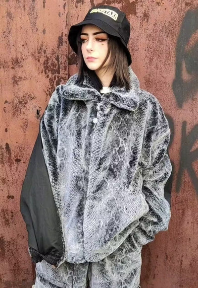 Python faux fur jacket handmade snake fleece bomber grey