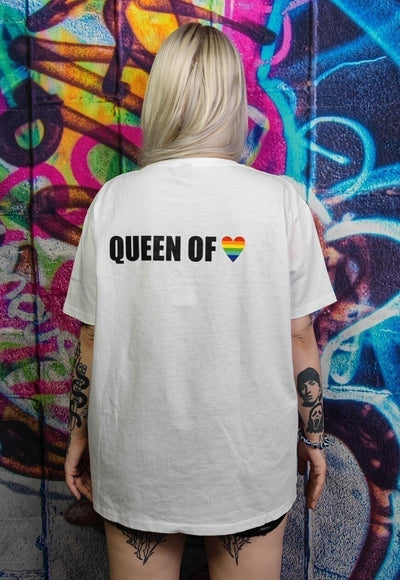 Gay queen T-shirt LGBT rainbow heart tee Pride top in white