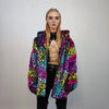 Tiedye hooded faux fur jacket leopard coat rainbow trench animal print bomber fuzzy cheetah fleece festival puffer burning man overcoat pink