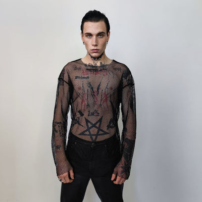 Transparent mesh top long sleeve sheer jumper net sweatshirt see-through punk jumper thin going out party t-shirt catwalk tee in black