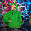 Green fleece jacket handmade detachable fluffy bomber fluorescent faux fur premium raver coat in bright neon techno green