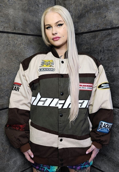 Motorcycle jacket multi patch padded Racing bomber in brown