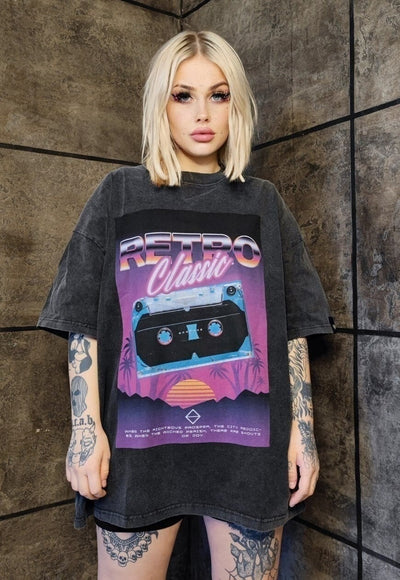 Cassette t-shirt premium vintage wash retro grunge tee grey