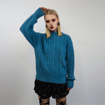 Fluffy blue sweater embellished luxury jumper long hair studded pullover going out top party sweat fancy dress knitted wedding blouse