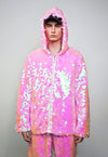 Pink sequin jacket hooded mermaid bomber holographic