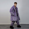 Checked faux fur longline coat geometric trench bright raver bomber fluffy winter fleece festival jacket neon burning man coat in purple