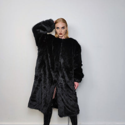 Long faux fur coat handmade fluffy luxury bomber premium fleece jacket detachable sleeve trench in black