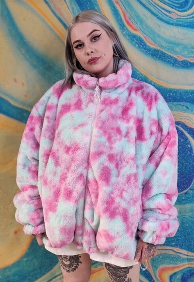 Reversible fleece bomber handmade tiedye sports jacket pink