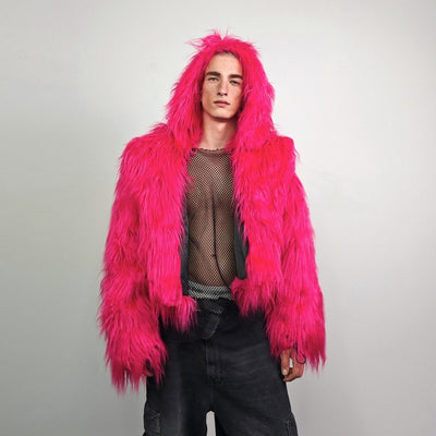 Neon faux fur coat shaggy cropped trench festival short jacket fuzzy overcoat carnival bomber florescent peacoat multifunctional rave fleece