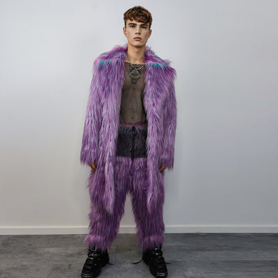 Shaggy faux fur lavender coat long neon trench bright raver bomber fluffy winter fleece luminous festival jacket burning man overcoat purple