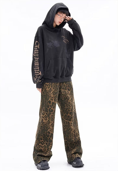 Leopard jeans animal print denim trouser high waist cheetah pants flared tiger pants in brown